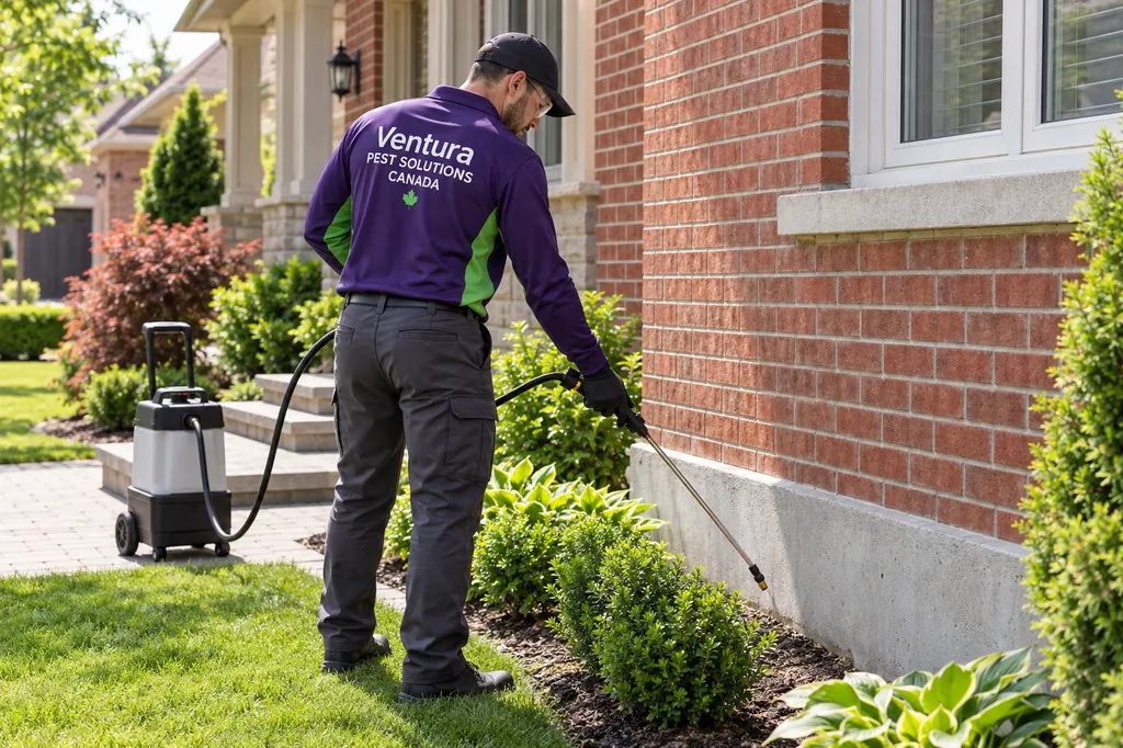 AI-generated illustration: a technician in a Ventura uniform uses a sprayer wand along the foundation of a brick home.