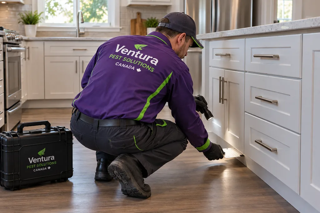 AI-generated illustration: a technician in a Ventura uniform crouches in a kitchen, shining a flashlight under the cabinets.
