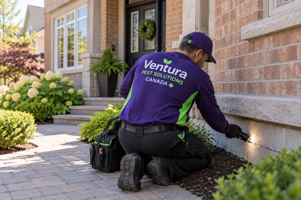 AI-generated illustration: a technician in a purple Ventura Pest Solutions uniform kneels beside a brick home's foundation, using a flashlight to inspect along the wall.
