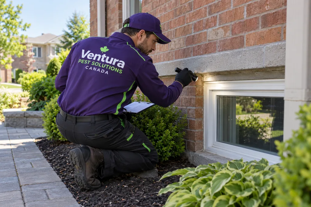 AI-generated illustration: a technician in a Ventura uniform, holding a clipboard, inspects the edge of a basement window on a brick house.