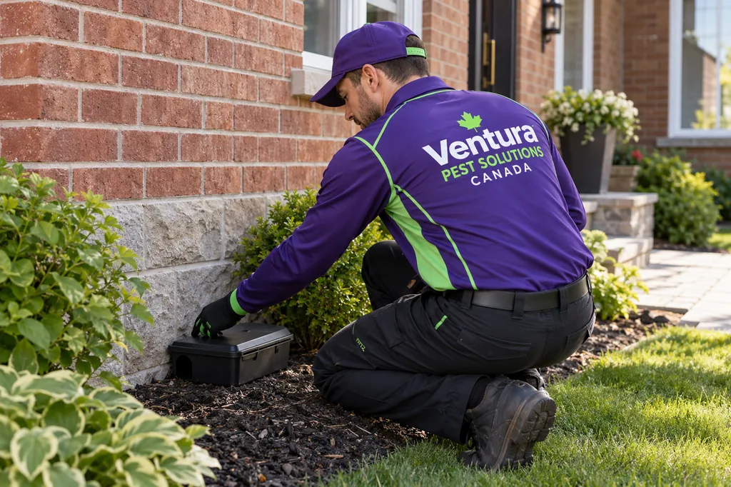 AI-generated illustration: a technician in a Ventura uniform kneels in a garden bed to check a monitoring station beside a brick home.