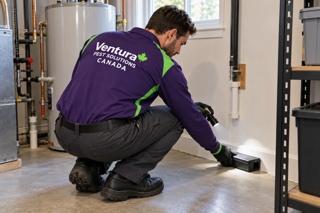 AI-generated illustration: a technician in a Ventura uniform checks a monitor along the baseboard of a utility room near a water heater.
