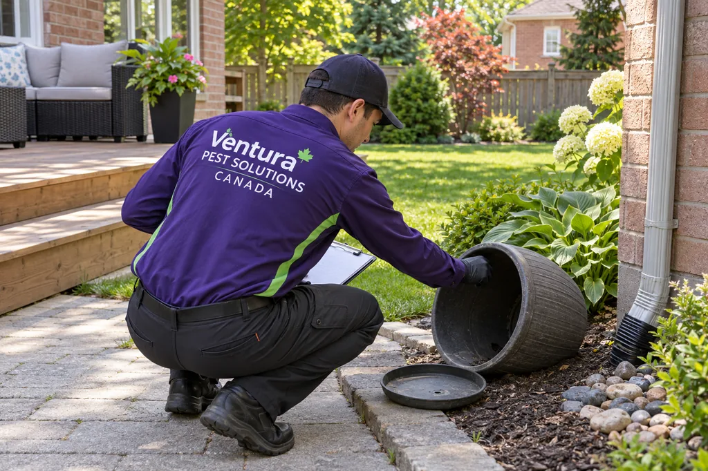 AI-generated illustration: a technician in a Ventura uniform tips over a planter in a backyard to check for standing water.
