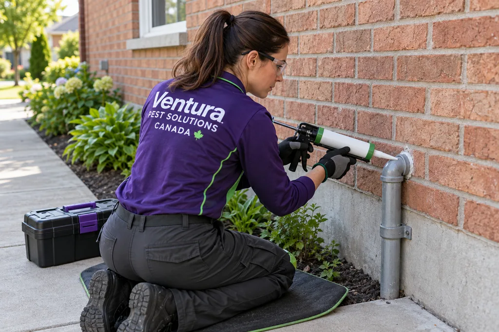 AI-generated illustration: a technician in a Ventura uniform applies sealant around a pipe where it enters a brick wall.